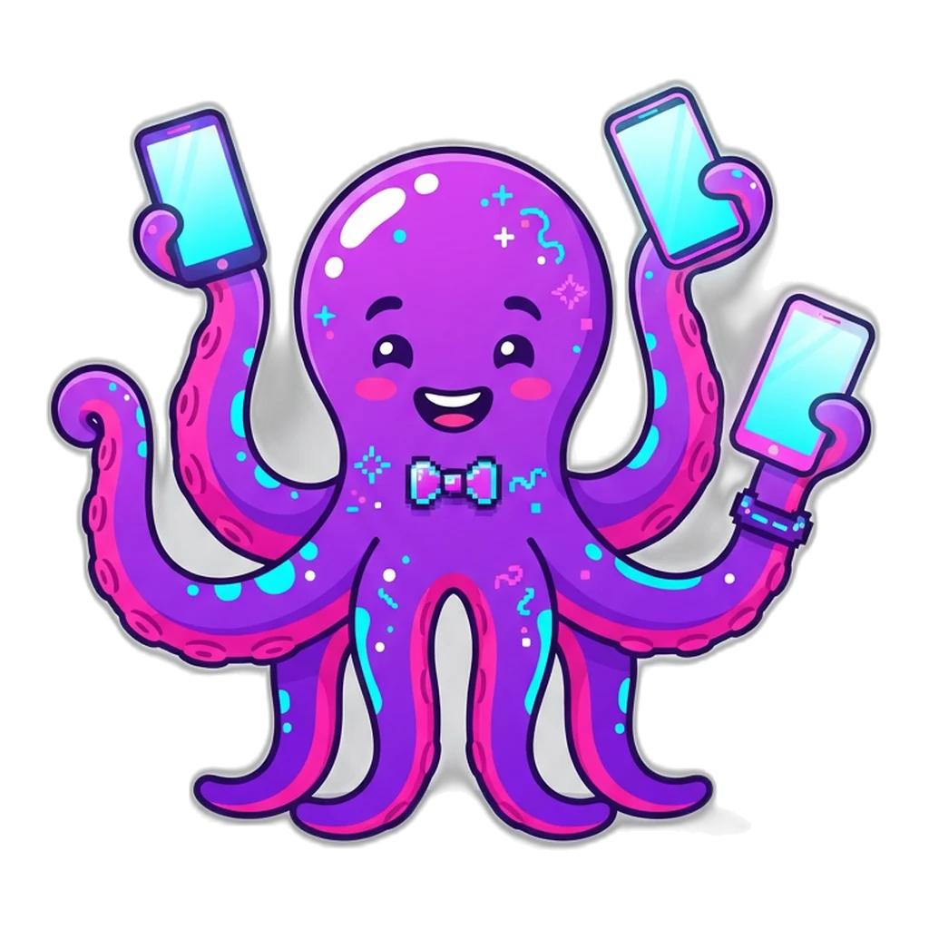 Octopus holding three phones with glowing screens