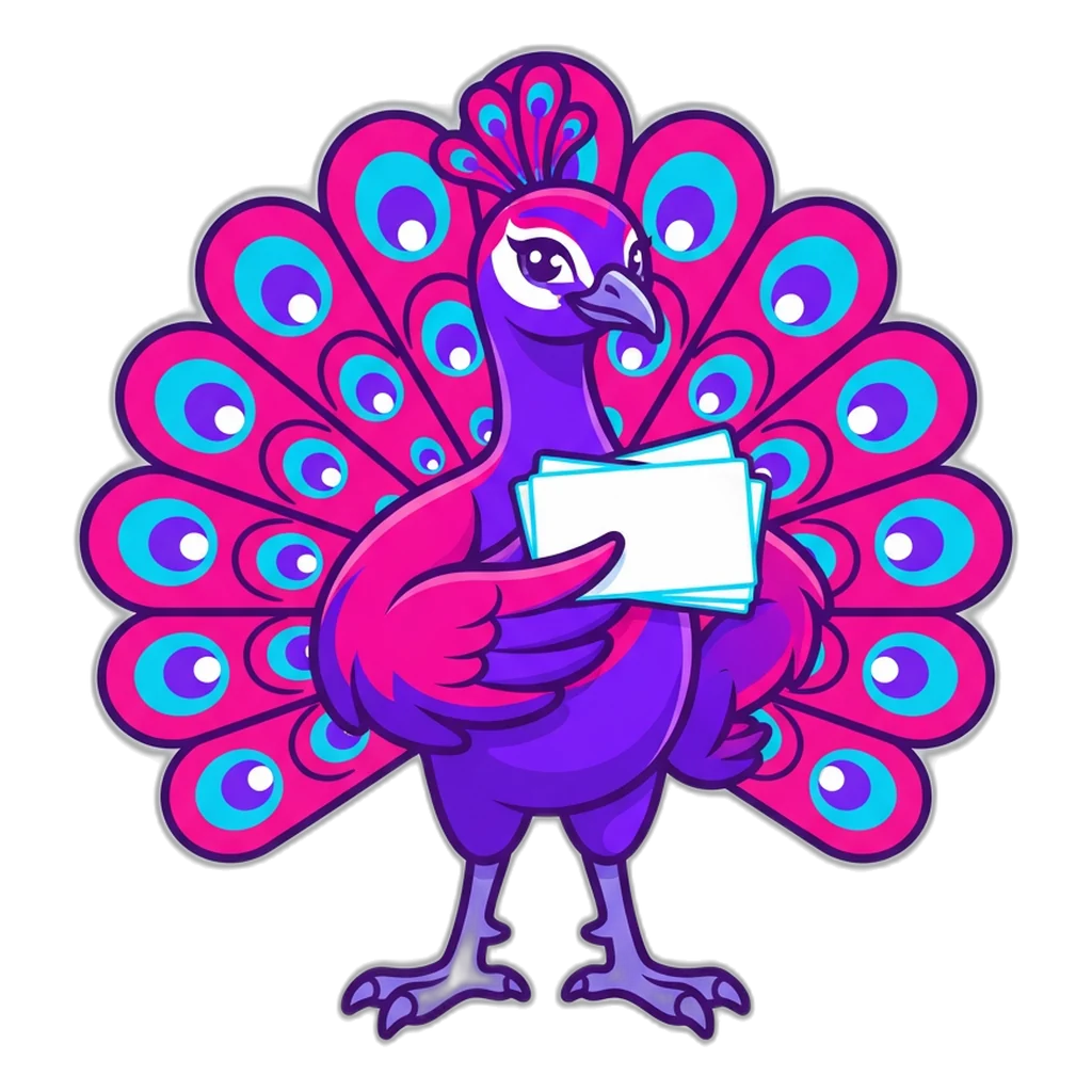Peacock holding a stack of question cards