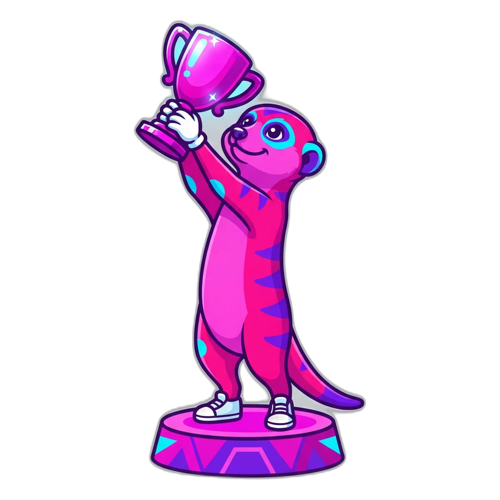 Meerkat lifting a trophy on a small stage